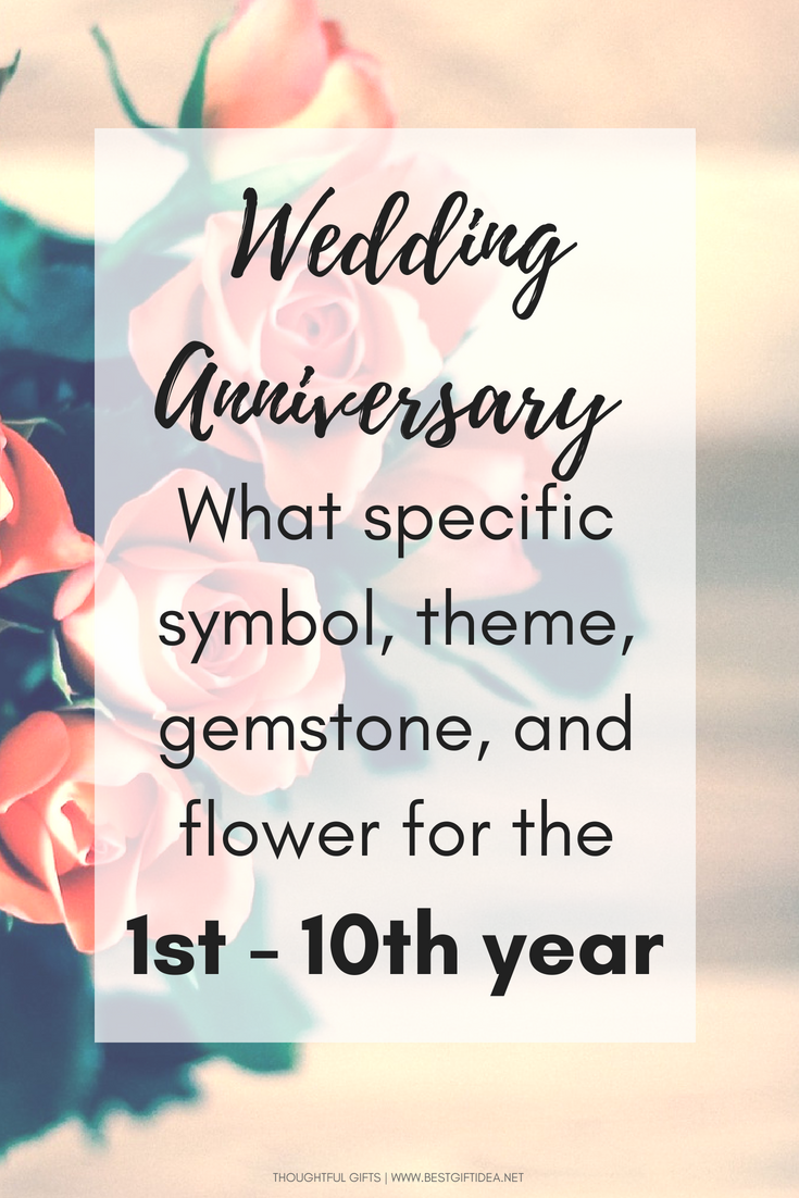wedding anniversary what specific symbol theme gemstone and flower for 1st-10th year