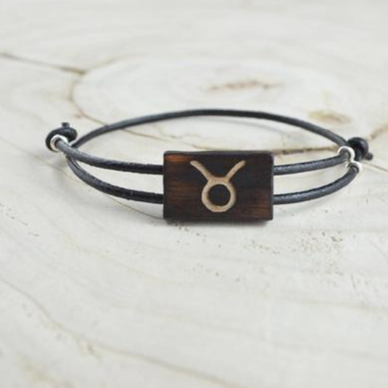 Rectangle Recovered Wooden Bracelet Taurus Brut Burned Brown Beige Leather and Silver Women Men Gift Astrological Sign